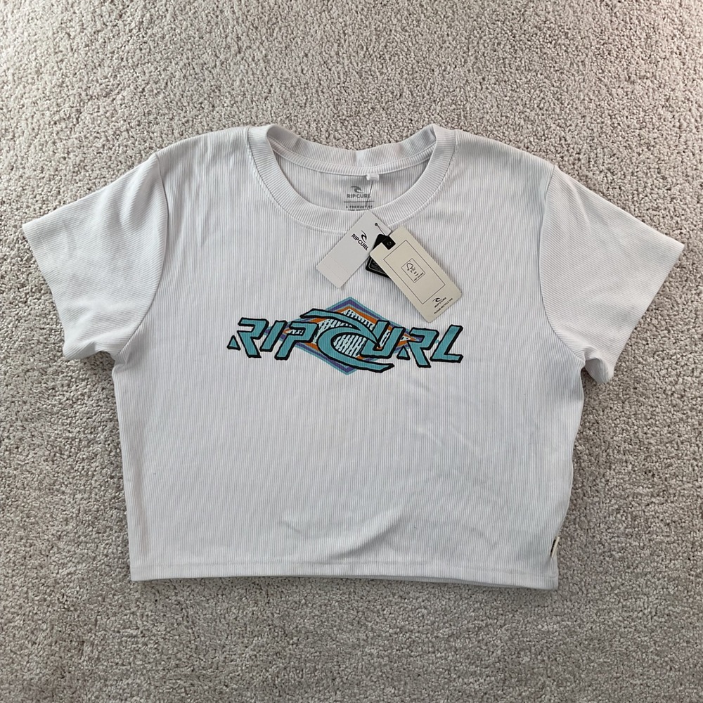 Rip Curl Archive Baby Tee Optical White Ribbed Graphic Crop Top Womens Large NEW